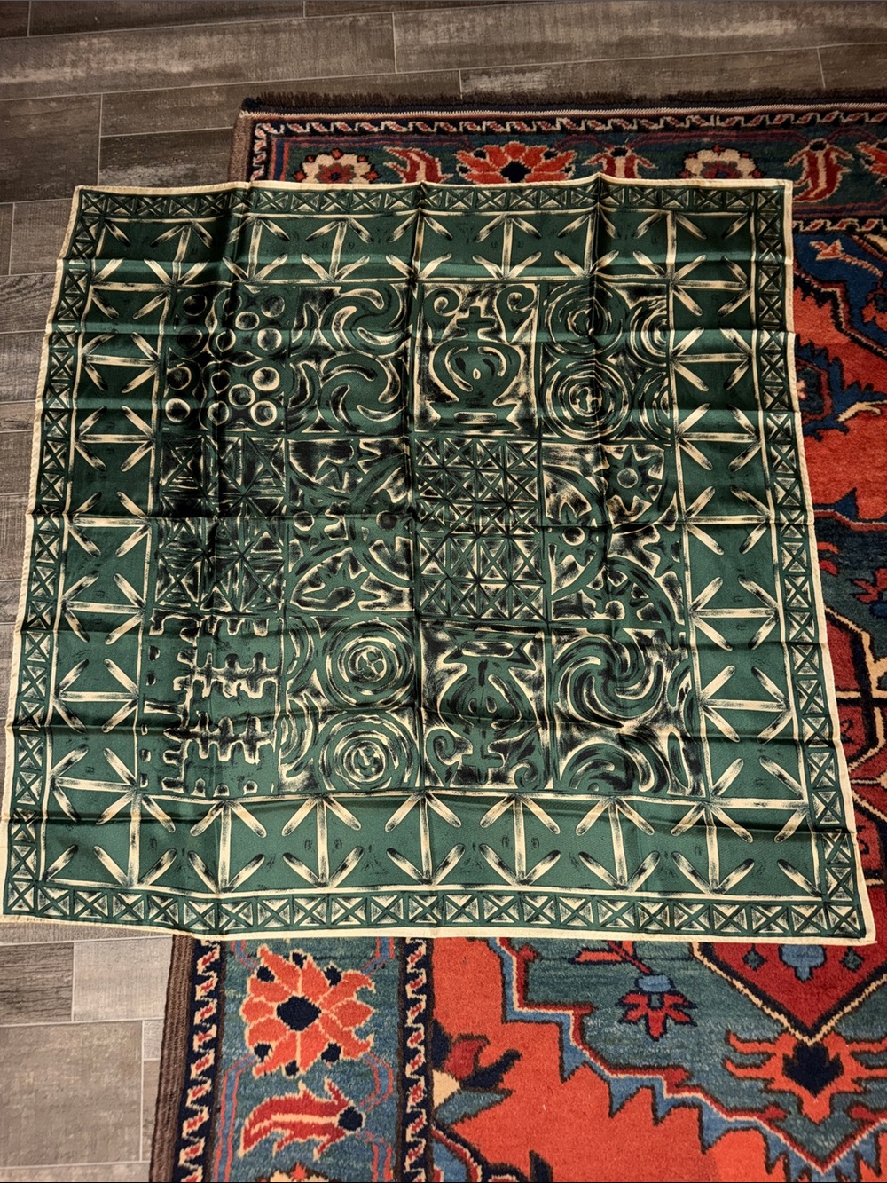 Vintage Macy's Luxury 100% Silk 36" Square Scarf Olive Green Block Print